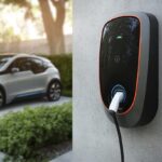 A sleek electric car is parked near a wall-mounted electric vehicle (EV) charger in a green outdoor setting