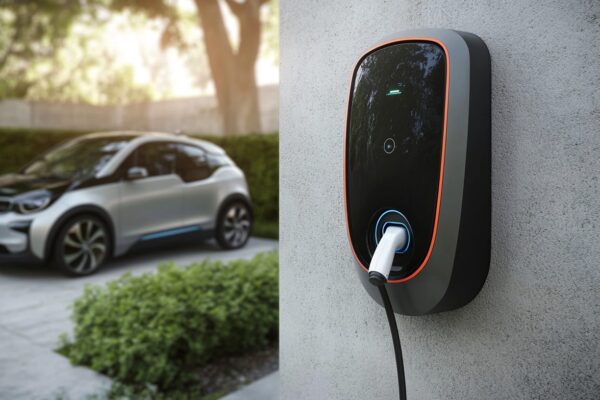 A sleek electric car is parked near a wall-mounted electric vehicle (EV) charger in a green outdoor setting