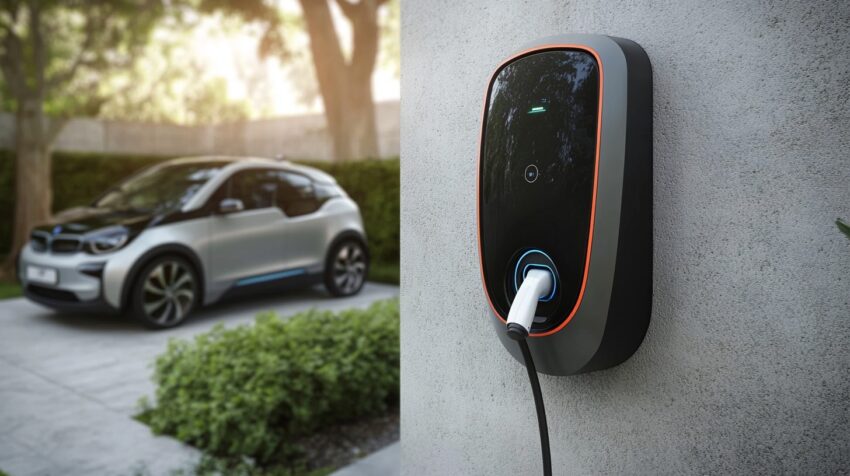 A sleek electric car is parked near a wall-mounted electric vehicle (EV) charger in a green outdoor setting